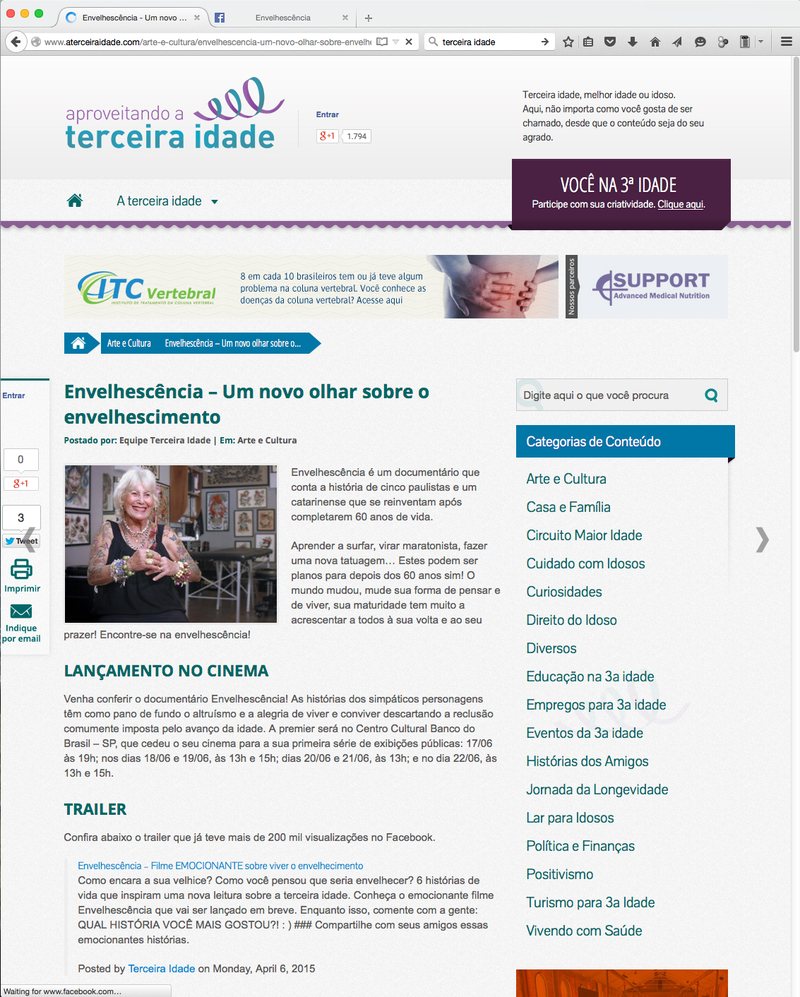 Aproveitando a Terceira Idade sobre o documentário Envelhescência, 2015