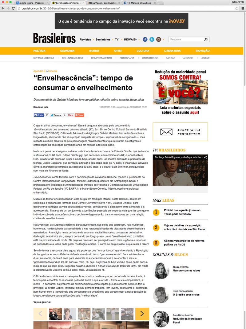 Revista Brasileiros sobre o documentário Envelhescência, 13 de junho de 2015