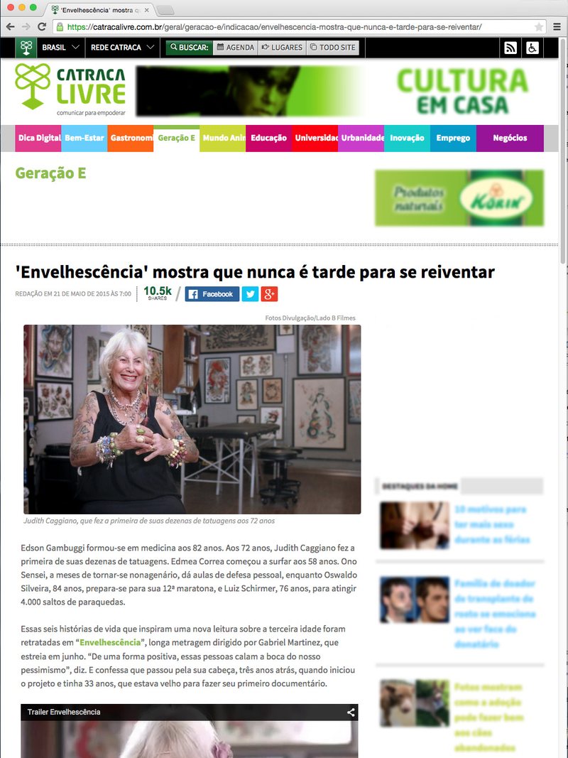 Catraca Livre sobre o documentário Envelhescência, 21 de maio de 2015