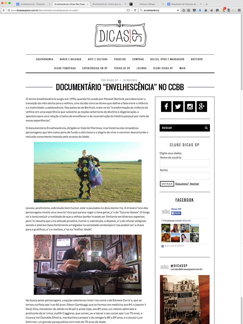 Dicas SP sobre o documentário Envelhescência, 15 de junho de 2015