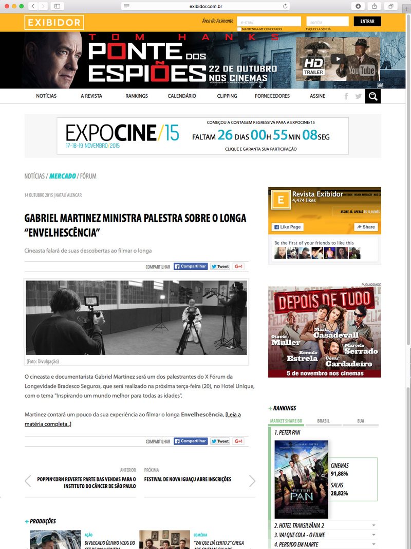 Revista Exibidor sobre o documentário Envelhescência, 14 de outubro de 2015