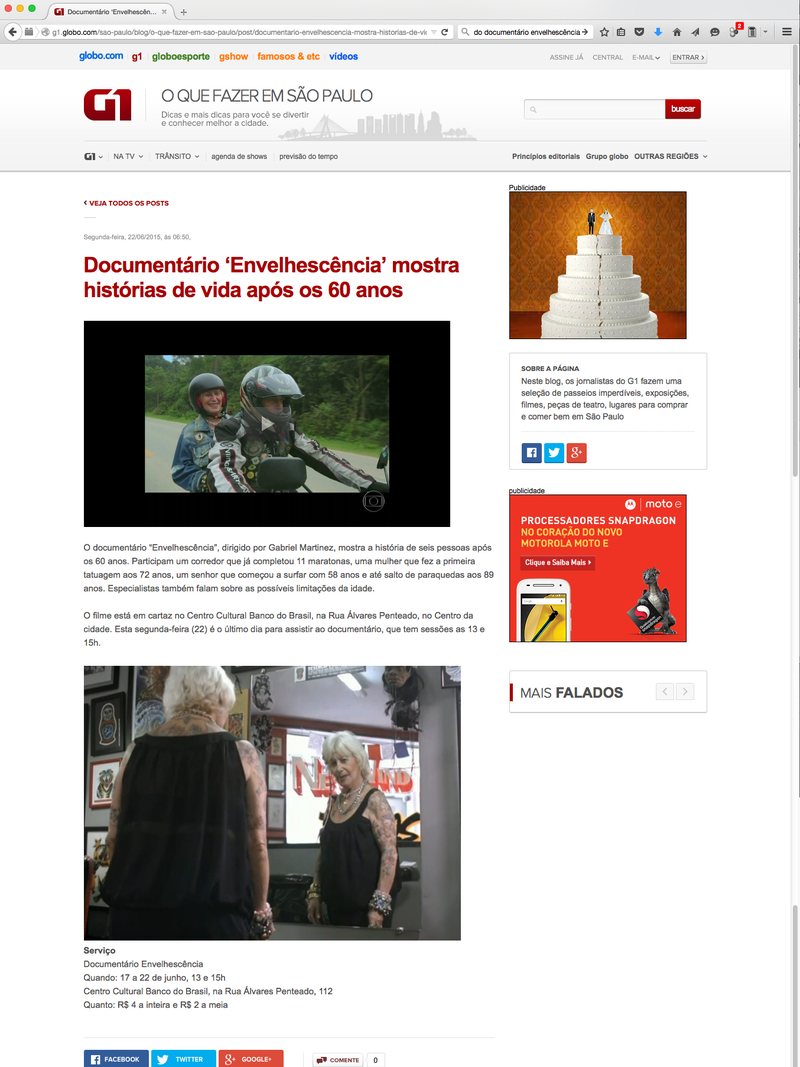 G1 sobre o documentário Envelhescência, 22 de junho de 2015
