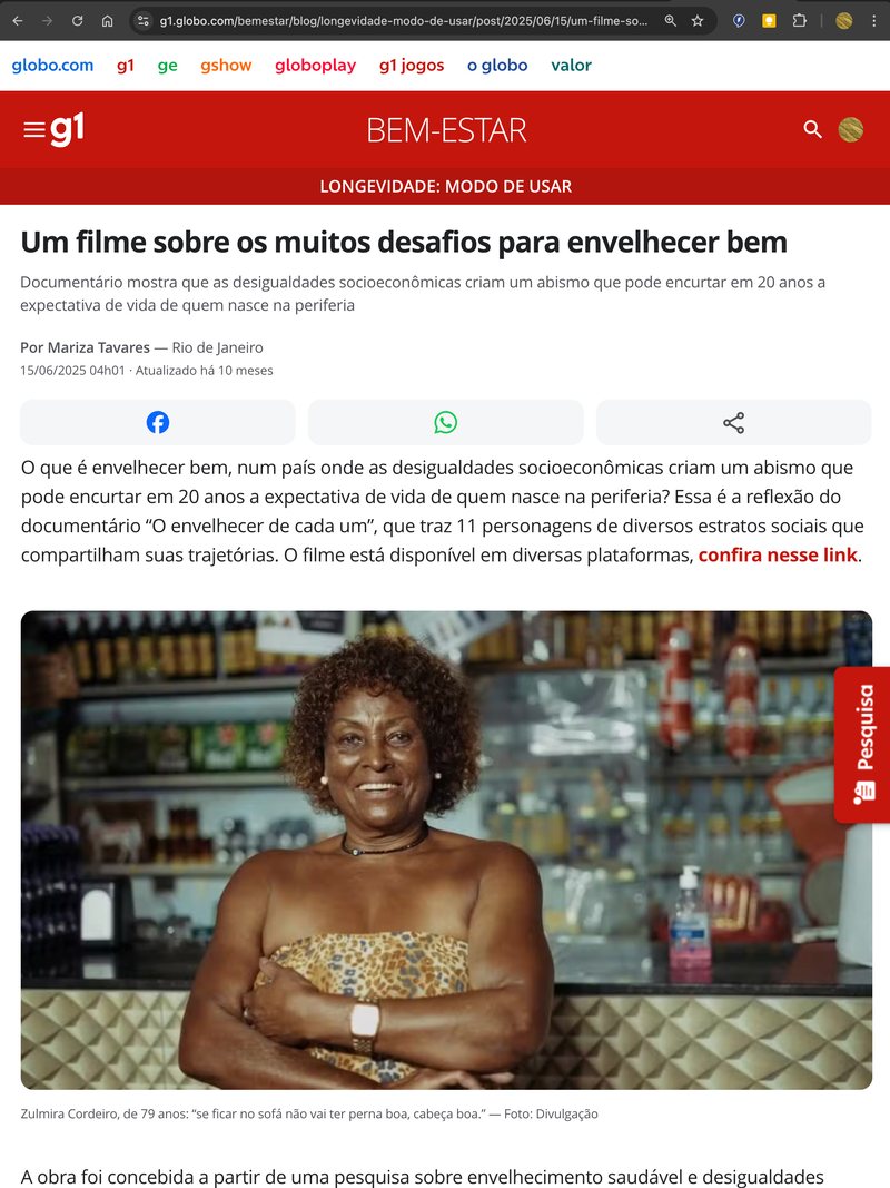 G1 sobre o documentário O Envelhecer de Cada Um, 15 de junho de 2025
