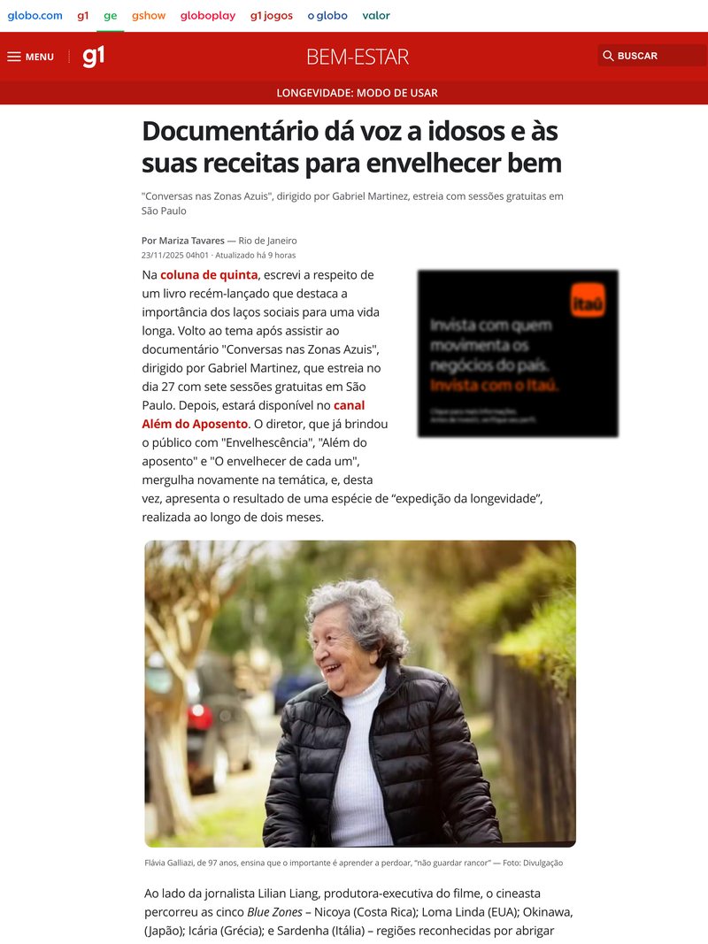 G1 sobre o documentário Conversas nas Zonas Azuis, 23 de novembro de 2025