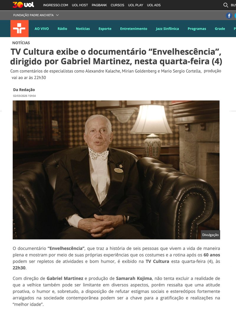 TV Cultura sobre o documentário Envelhescência, 2 de março de 2026