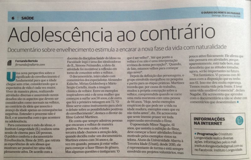 O Diário do Norte do Paraná sobre o documentário Envelhescência, 18 de setembro de 2016