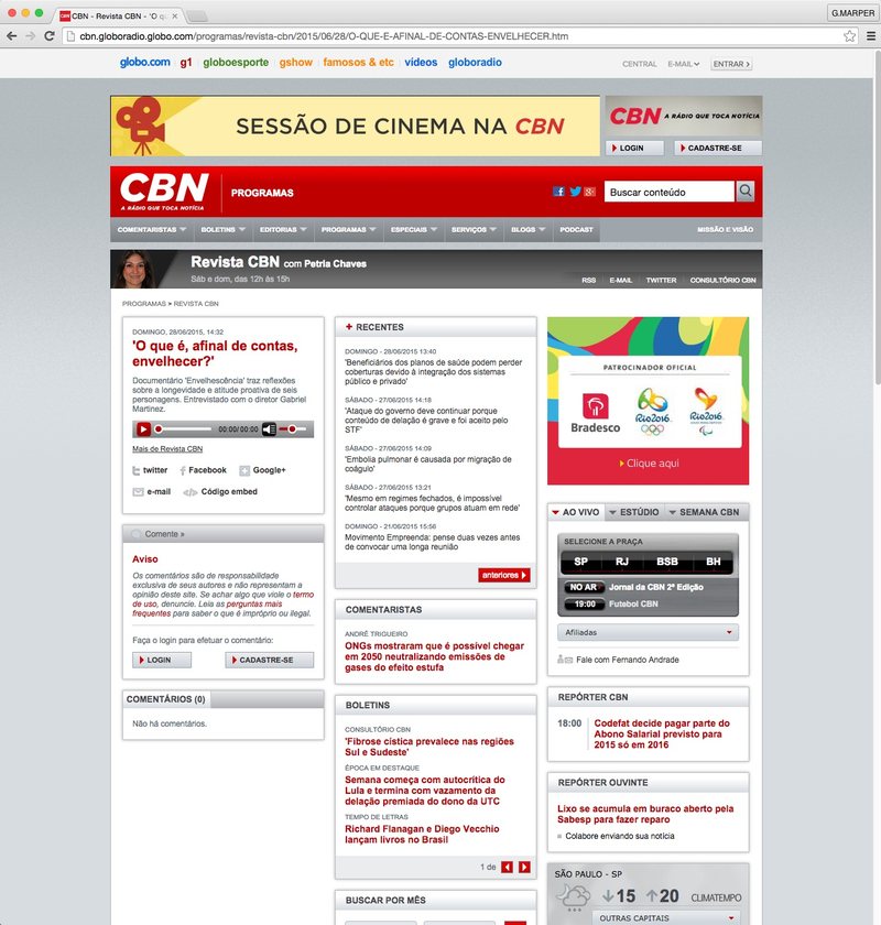 CBN sobre o documentário Envelhescência, 28 de junho de 2015