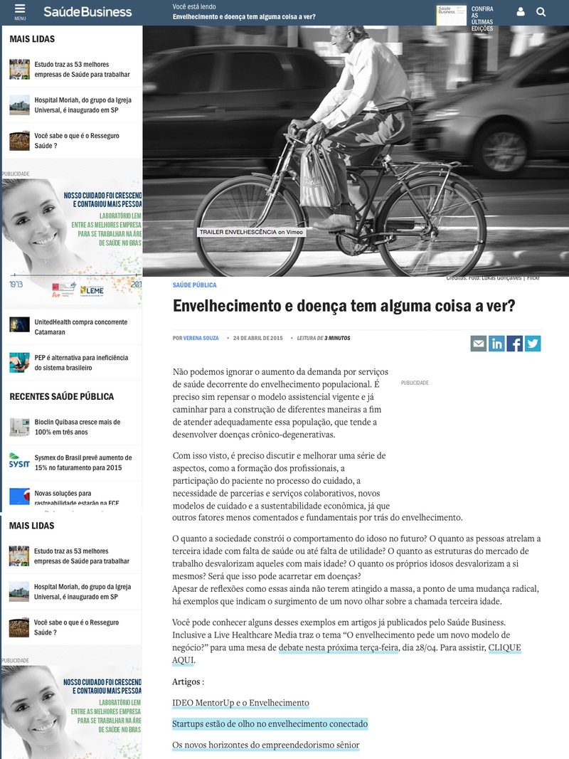 Saúde Business sobre o documentário Envelhescência, 24 de abril de 2015