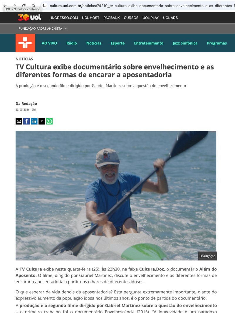 TV Cultura sobre o documentário Além do Aposento, 23 de março de 2026