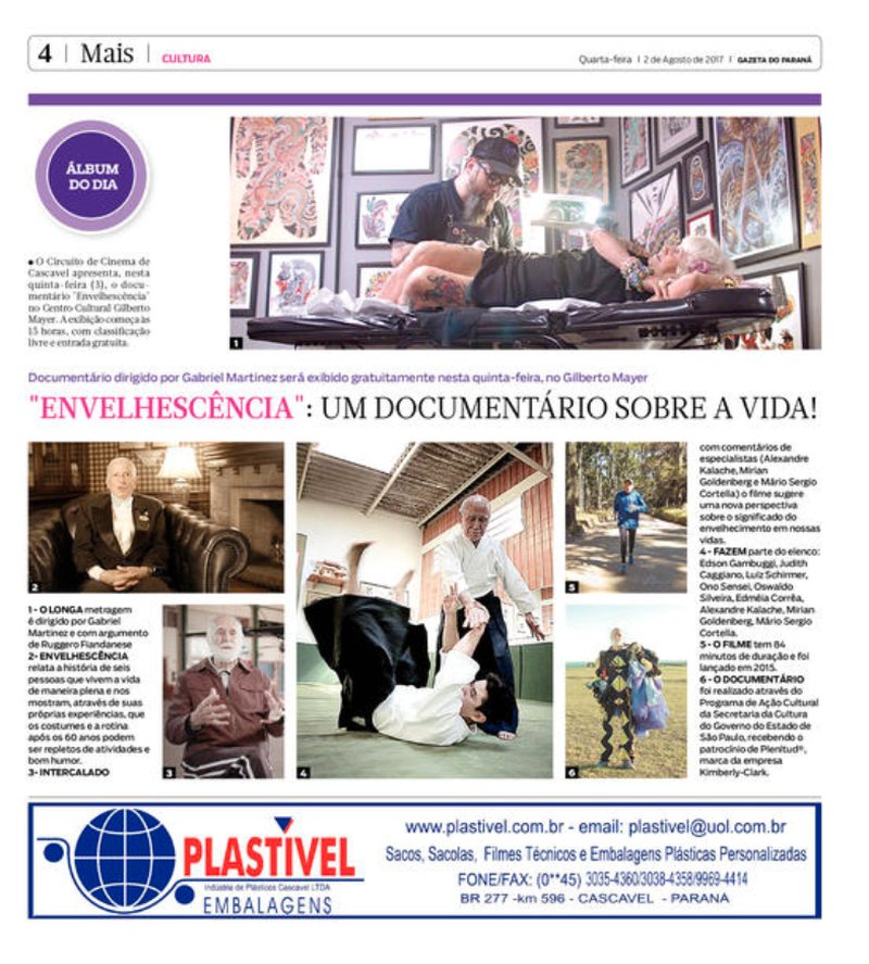 Gazeta do Paraná sobre o documentário Envelhescência, 2 de agosto de 2017